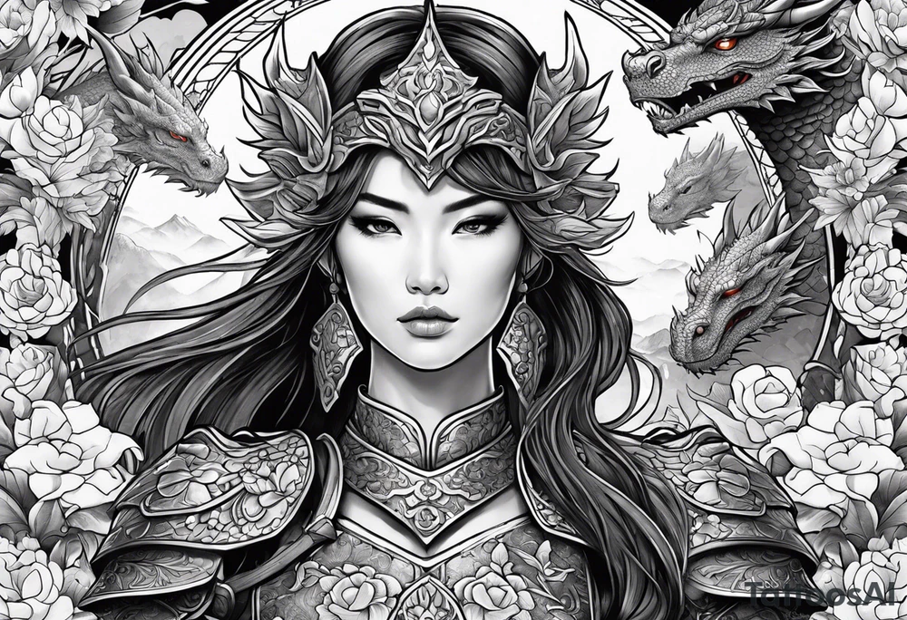 beautiful warrior woman wearing dragon armor and a floral background and a dragon a full picture tattoo idea