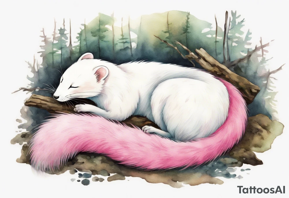 an ermine with pink fur sleeping in the forest tattoo idea