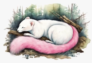 an ermine with pink fur sleeping in the forest tattoo idea