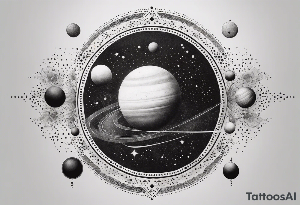 simple jupiter with circular objects and geometric elements, stippled shading, little bit of dotwork, white background tattoo idea
