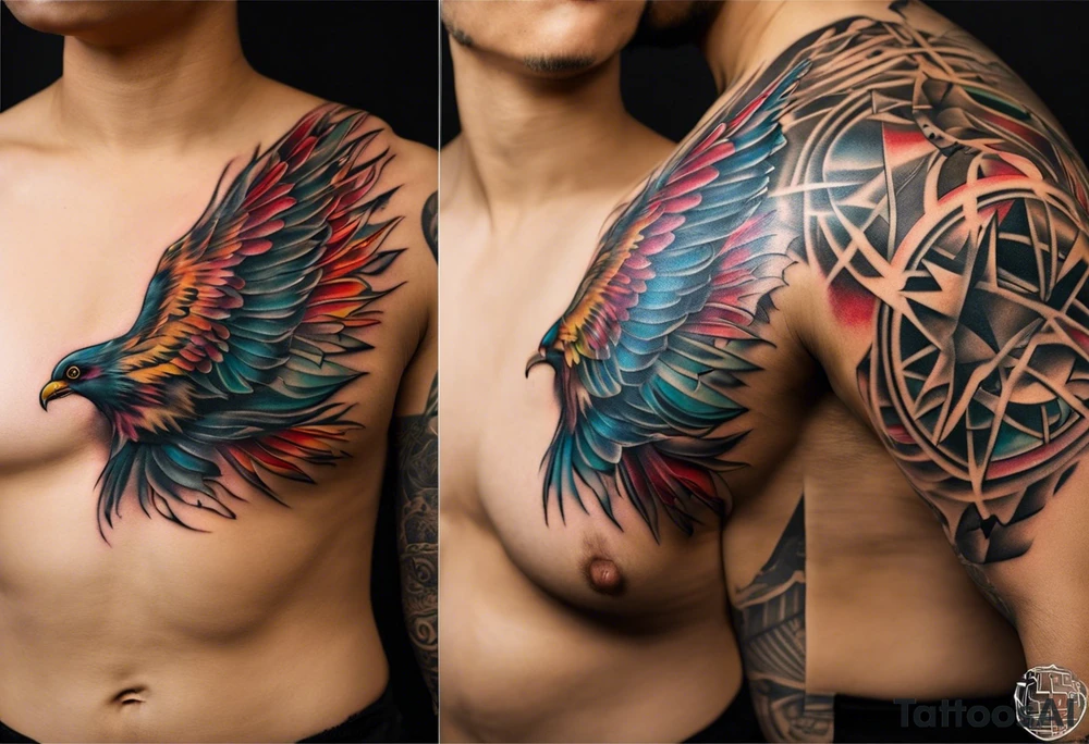 Wide tattoo that appears to be bursting out of the skin, symbolizing freedom. The tattoo should be vibrant and dynamic, with bold lines and colors that evoke a sense of liberation and empowerment. Consider incorporating elements such as broken chains, or other symbols of freedom. The tattoo should be visually striking and thought-provoking, inviting the viewer to reflect on the importance of personal freedom. tattoo idea