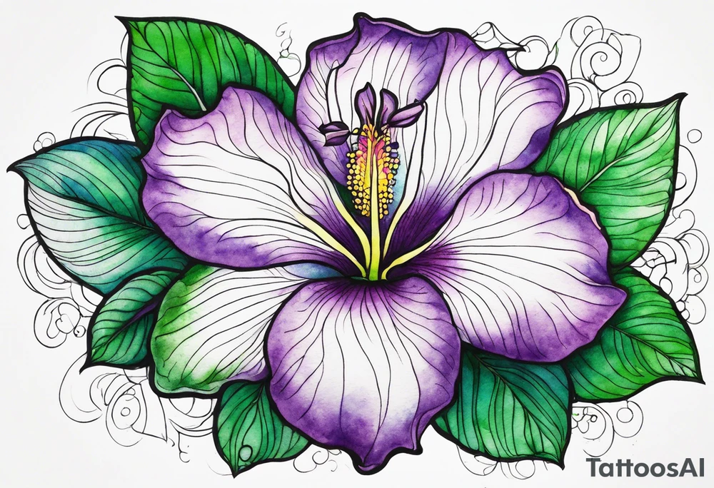 An outline of a rio dipladenia flower with a green and purple watercolor paint in the background tattoo idea