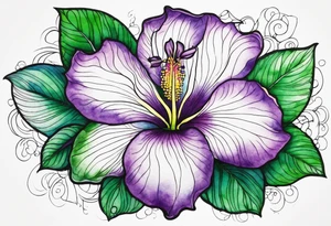 An outline of a rio dipladenia flower with a green and purple watercolor paint in the background tattoo idea