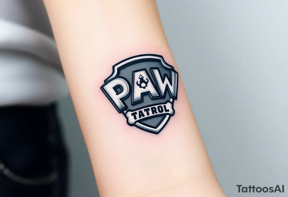 A pentagon-shaped Paw Patrol emblem, in a realistic metallic style with reflective highlights tattoo idea