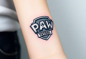 A pentagon-shaped Paw Patrol emblem, in a realistic metallic style with reflective highlights tattoo idea