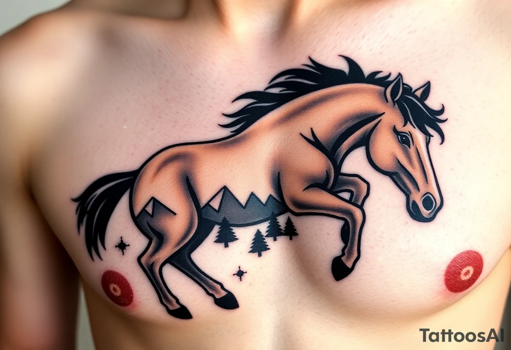 A golden mustang horse with black mane and leg. The mountains and nature should frame the design, blending with the horse's black fur as a base to represent the landscape. Experiment with using the black fur to shape the mountains, playing with edges or interior details. tattoo idea