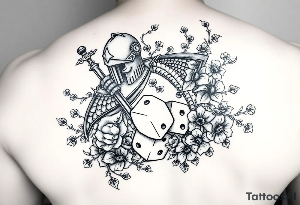 knight and squid intertwined with climbing roses and thorny vines with cherry blossoms rolling dice tattoo idea
