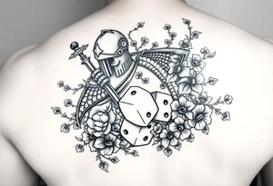 knight and squid intertwined with climbing roses and thorny vines with cherry blossoms rolling dice tattoo idea