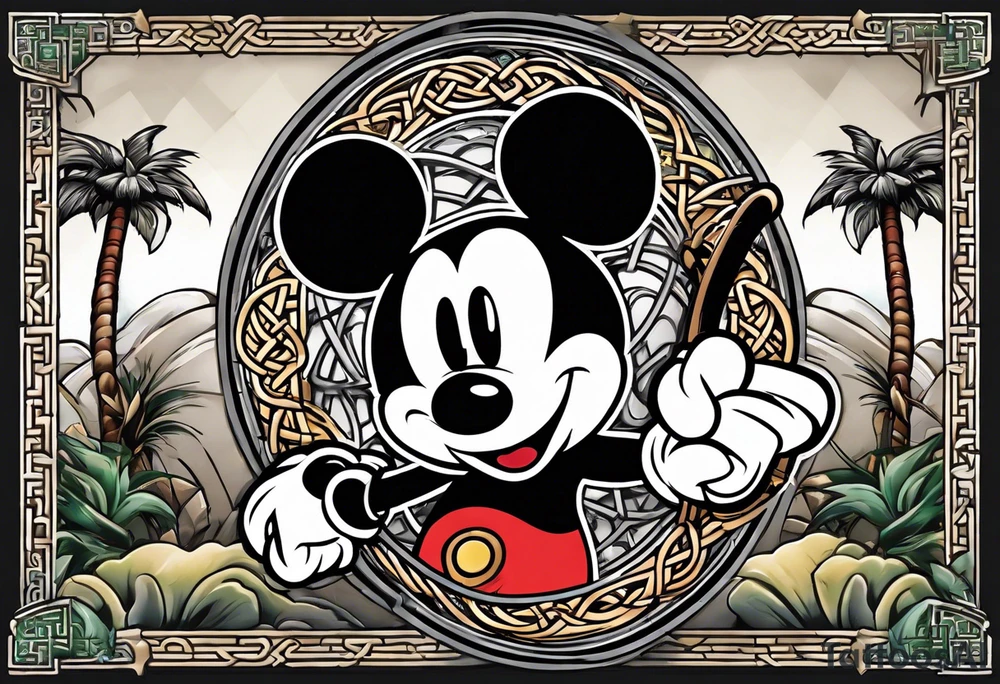 mickey mouse holding a karambit in one hand and a stick in the other hand with palm trees and the celtic symbol for family tattoo idea
