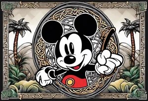 mickey mouse holding a karambit in one hand and a stick in the other hand with palm trees and the celtic symbol for family tattoo idea