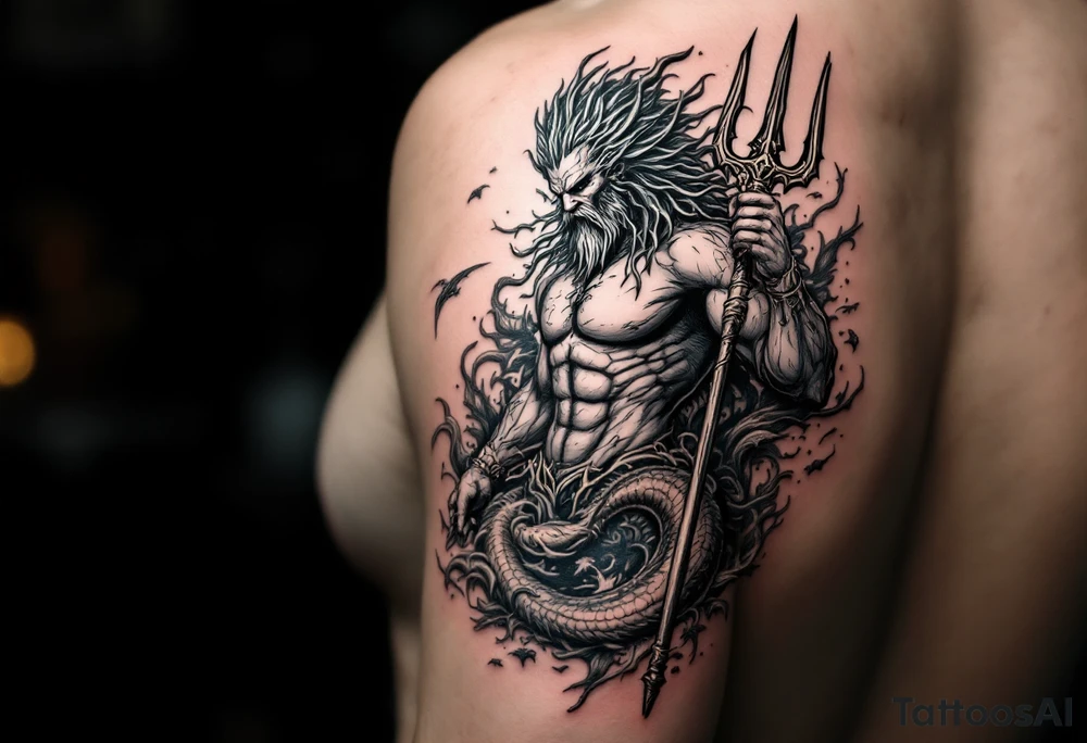 poseidon with trident, surrounded by water and marine life tattoo idea poseidon with trident, surrounded by water and marine life tattoo idea