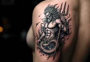 poseidon with trident, surrounded by water and marine life tattoo idea