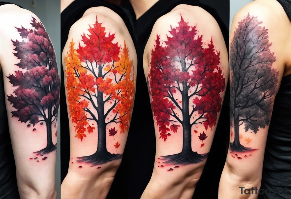 Arm tattoo. Long tattoo. Full sleeve. Shoulder. A single large maple tree with red autumn leaves that branches upwards from wrist to shoulder. White-throated dipper bird on the trees branches. Calluna flowers at the base of the trees stem. Tree stem has dark colors. Red/yellow sunset behind the trees stem. Leaves falling. tattoo idea