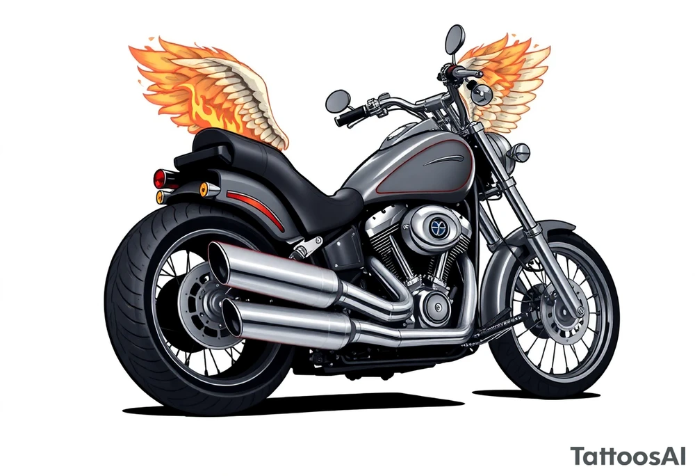 Low rider grey motorcycle, big muffler pipes with flames, angel wings, driving away, no person tattoo idea