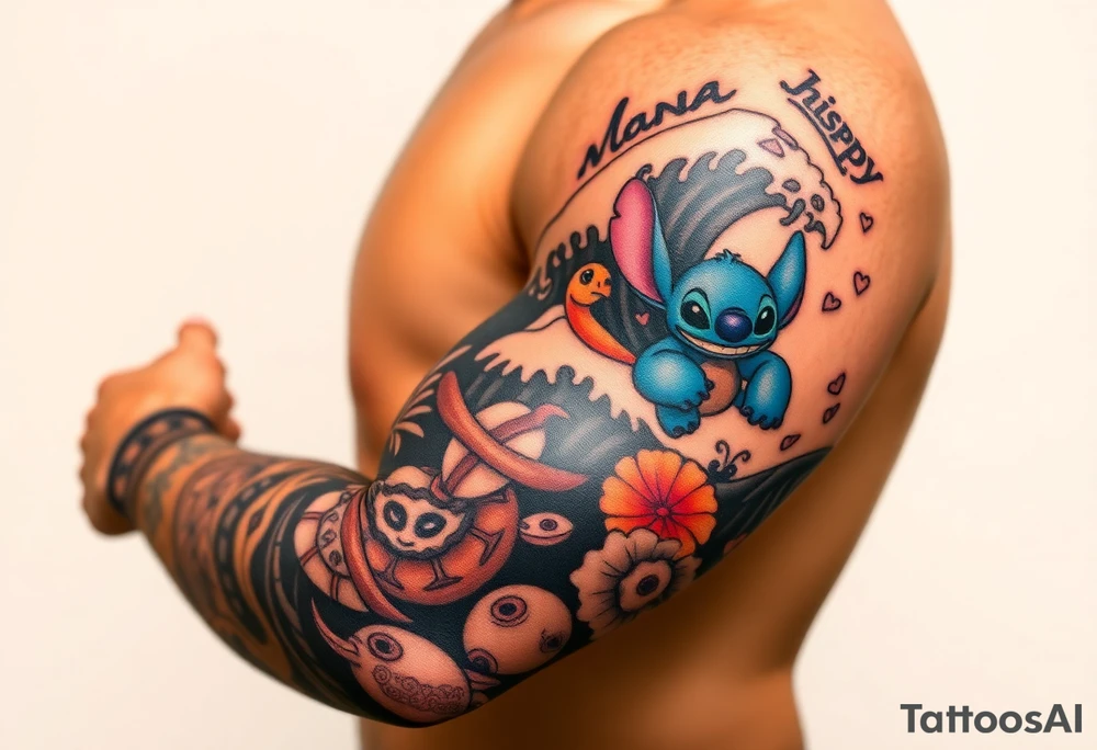 a half sleeve, right side on upper arm, incorporate waves, while adding disney characters lilo and stitch, as well as characters and items from moana, including moana, maui, heihei, pua, heart of tefiti. Making it kind of hawaiian themed, adding some turtles tattoo idea