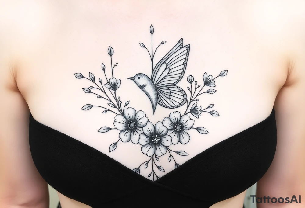 Je veux un tatouage underboobs délicat et ornemental. Il doit représenter ma renaissance après une dépression post-partum, avec des éléments à la fois féminins, naturels et profondément symboliques. Le coquelicot est central pour moi, entouré d’un papillon, de fleurs de cerisier et de feuillages fins. L’ensemble doit exprimer ma force douce, ma fragilité assumée, et ma métamorphose personnelle. tattoo idea