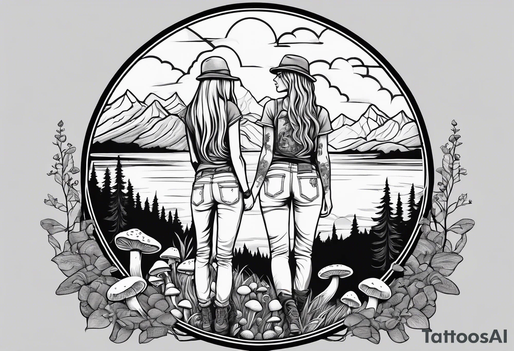 Straight long blonde hair hippie girl in distance holding mushrooms in hand facing away toward mountains and creek surrounded by mushrooms tee shirt and hiking pants

Entire tattoo encircled tattoo idea