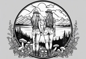 Straight long blonde hair hippie girl in distance holding mushrooms in hand facing away toward mountains and creek surrounded by mushrooms tee shirt and hiking pants

Entire tattoo encircled tattoo idea