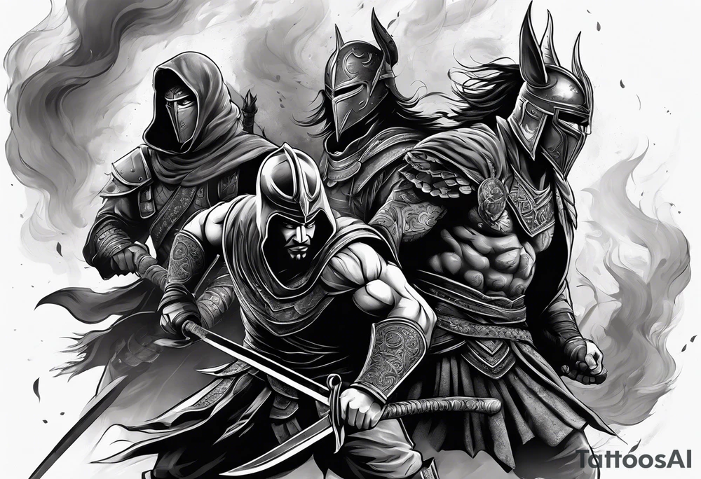 Warriors fighting in a smoky background tattoo idea Warriors fighting in a smoky background tattoo idea
