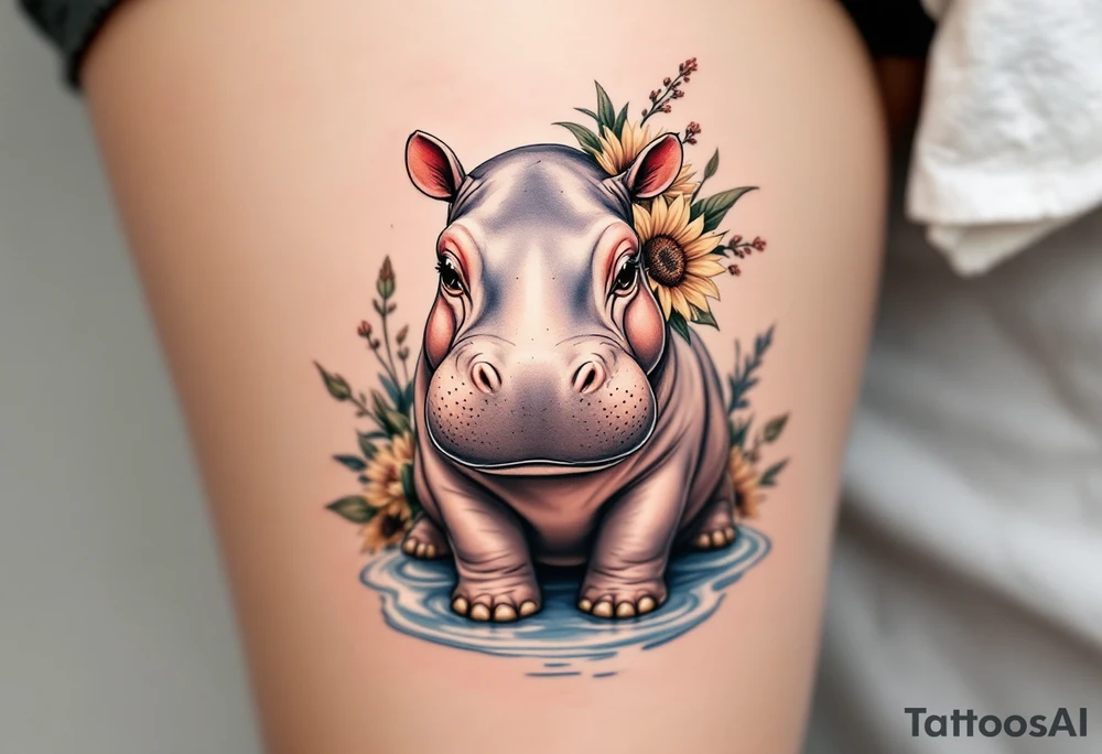 Cute hippo with sunflowers, carnations, and water tattoo idea