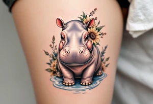 Cute hippo with sunflowers, carnations, and water tattoo idea