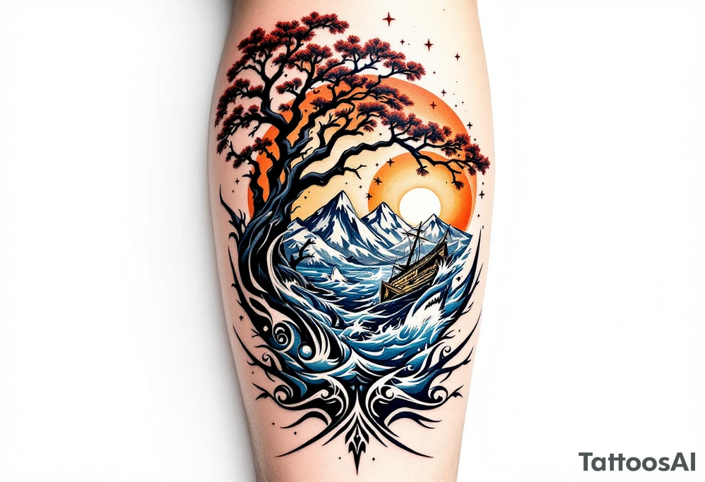 tattoo that has an acacia tree with mountains, ocean with a ship wreck with sharks and the bright northern star tattoo idea