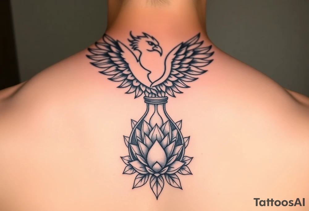 the phoenix and hour glass with lotus flower in kintsugi heart design tattoo idea