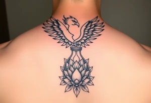 the phoenix and hour glass with lotus flower in kintsugi heart design tattoo idea