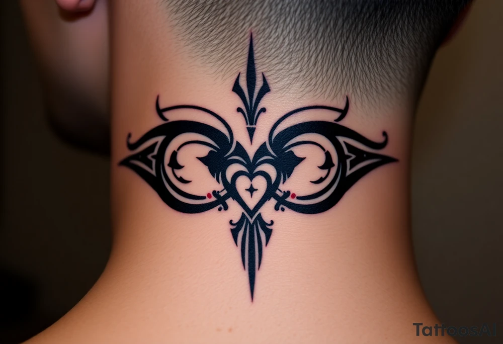 A bold tribal-style infinity symbol with sharp geometric patterns and heart, in black ink with subtle red accents tattoo idea