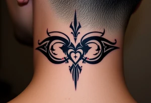 A bold tribal-style infinity symbol with sharp geometric patterns and heart, in black ink with subtle red accents tattoo idea