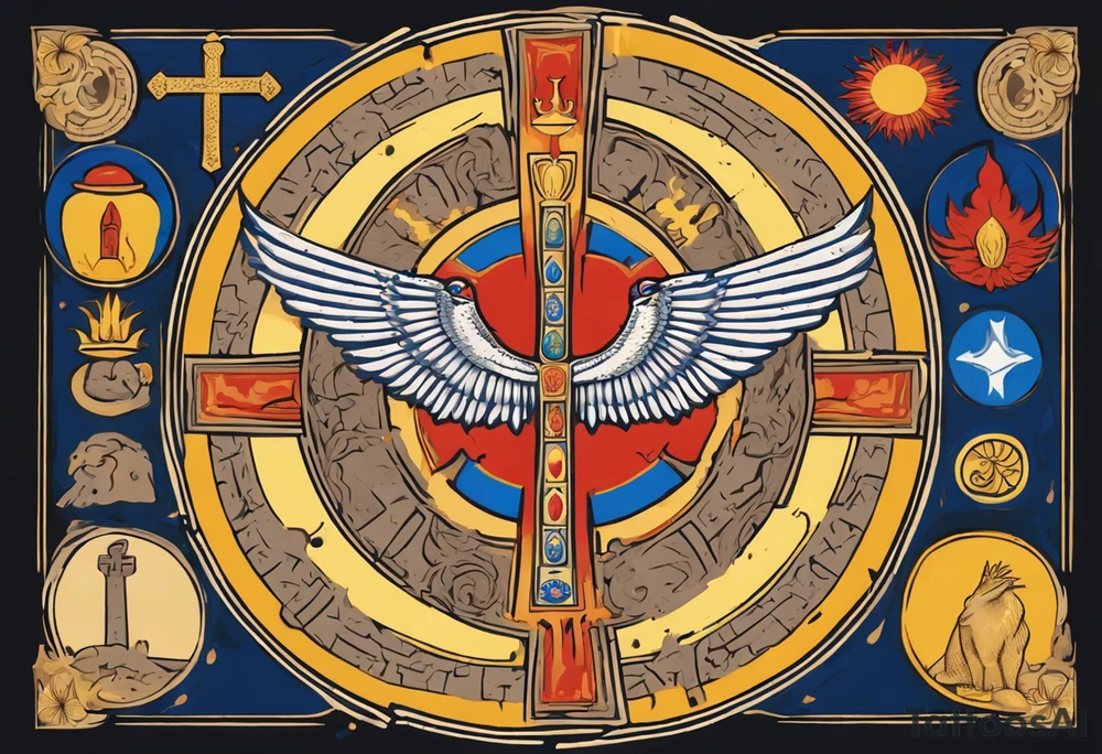A medieval cross with an assyrian flag in the middle. A crown om top of the cross. The assyrian king Sennacherib. A sun and a moon. A cloud with rain and thunder. charizard. an imperfect cirkle. a candle. a swan. lemons. the god asshur with wings. an ankh. angel wings with a halo. surrounded by olive branches and feathers. all black and white. no shadowing. tattoo idea