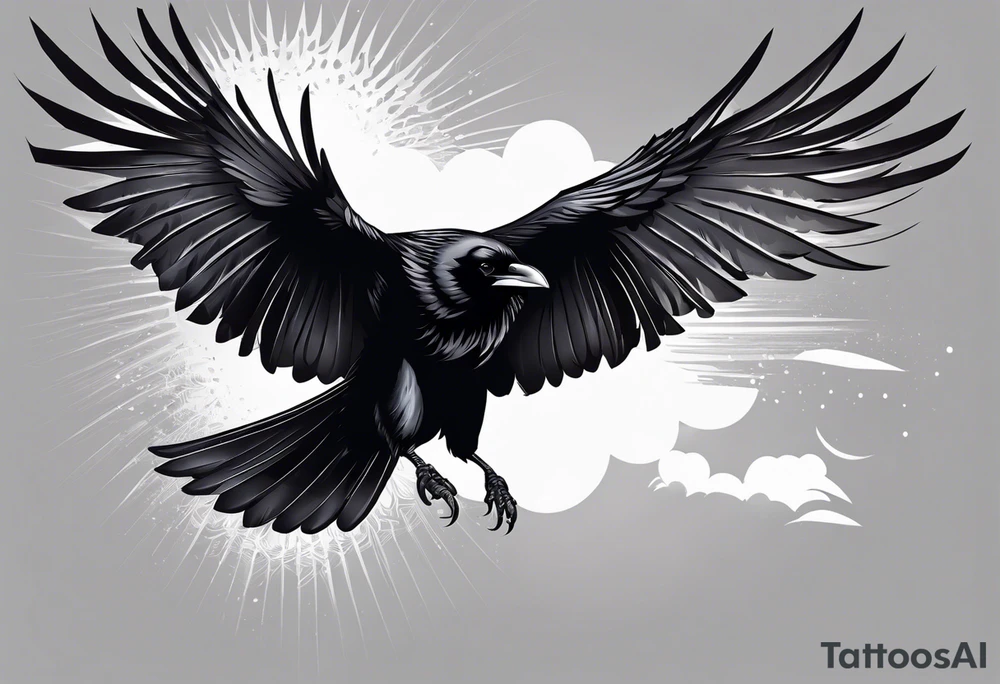 araffe flying in the air with its wings spread, detailed crow illustration, raven wings, huginn and muninn flying above, dark feathered wings, artistic drawing of a crow, black crows flying, raven bird, black wings instead of arms, raven angel wings, crow, dark crow, raven, crows as a symbol of death, raven black, raven monster tattoo idea