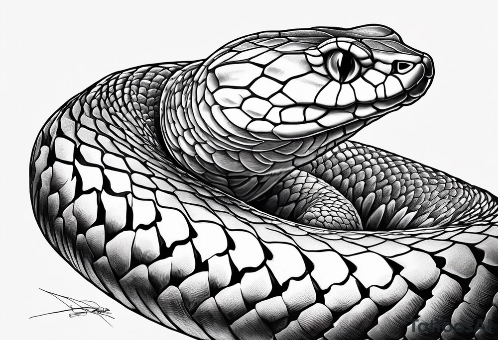 Copperhead coiled up with head turned up and mouth open and copper colored eyes tattoo idea