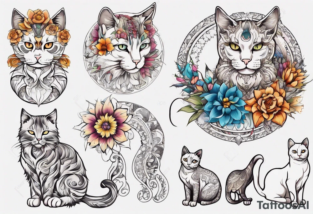 Cat colored flowers Mandala tattoo idea
