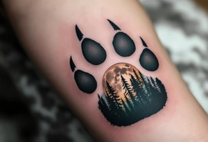 Wolf Paw with Forest Inside – A detailed charcoal-gray wolf paw print with trees and a moon inside, done in gray and forest green, representing wild spirit and mystery. tattoo idea