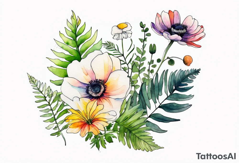 Minimalist Multicolored wild flowers with ferns and white anemone all watercolor tattoo idea