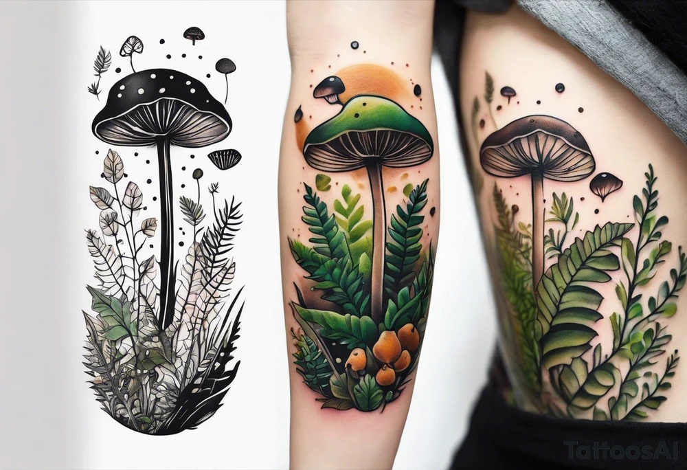 minimalistic forest floor inspired tattoo, which includes grass, moss, curly ferns and dead leaves as the bulk of the tattoo. details to include: forest berries, couple of very small brown mushrooms, a tiny bumblebee flying nearby tattoo idea