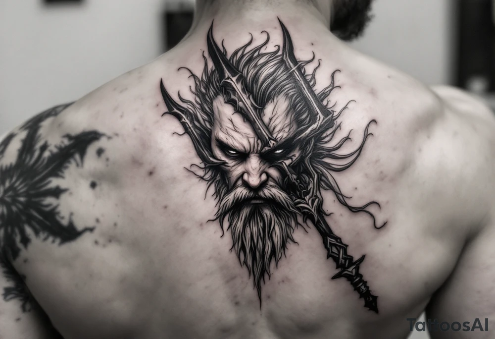 poseidon face behind trident tattoo idea