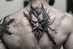 poseidon face behind trident tattoo idea