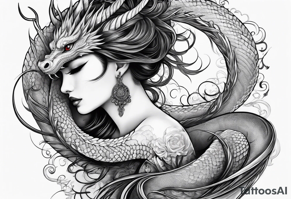 Long dragon long swirly tail girl tattoo idea