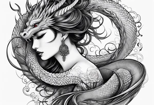 Long dragon long swirly tail girl tattoo idea