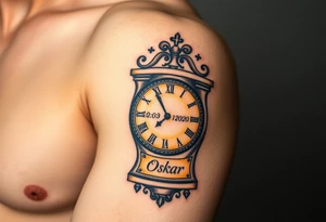 A timeless grandfather clock with delicate engravings, with the birth time and date "02. 03. 2020" and name "Oskar" - glowing in soft golden light, in warm sepia and gold hues tattoo idea