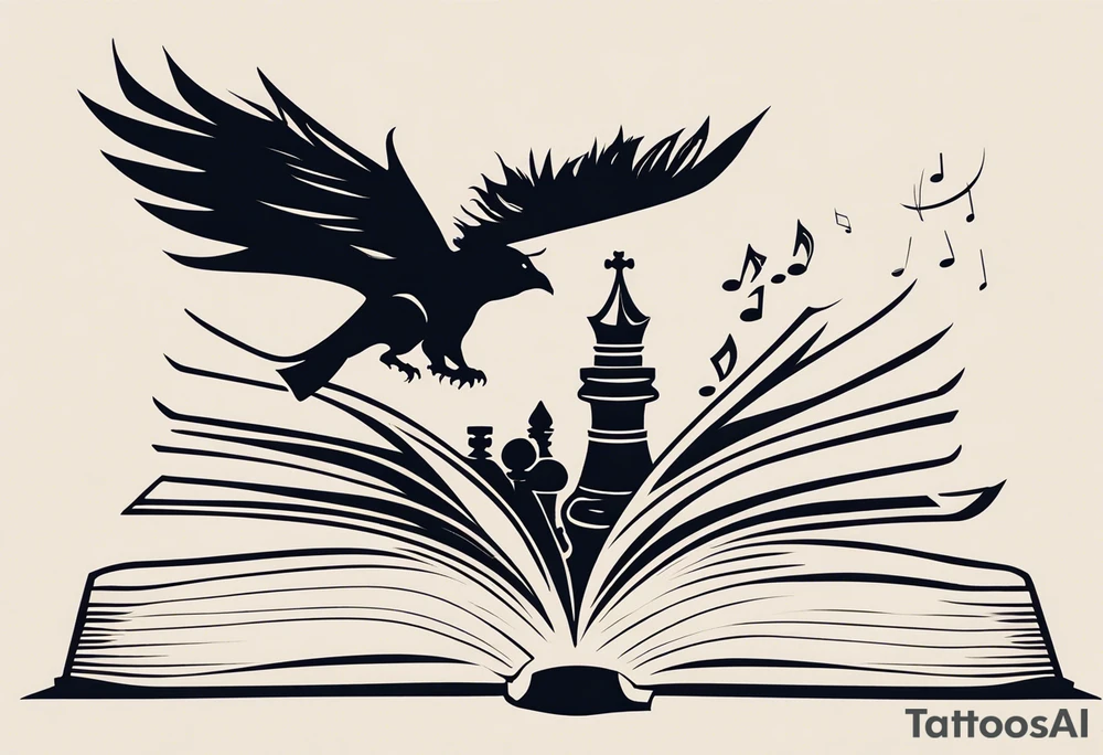 an elegantly drawn tattoo featuring an open book with pages that appear to flutter. Above the book, a small dragon silhouette, playfully flies in the air. To the right, a pawn chess piece stands proudly. Just above, a singular, swirling music note, emanating a sense of melody. On the left corner of the book, a majestic raven, feathers ruffled by an unseen wind. Below, a vibrant cluster of lavender flowers blooms, with a charming bumblebee hovering nearby tattoo idea