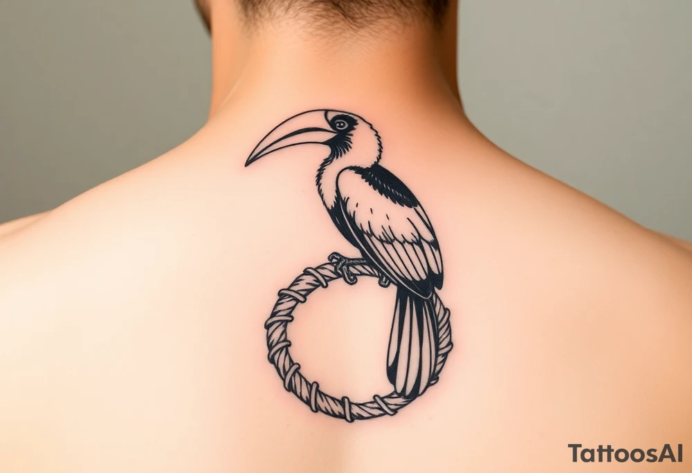 image of a Kalimantan ivory hornbill perched on a rattan woven circle tattoo idea