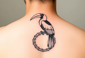 image of a Kalimantan ivory hornbill perched on a rattan woven circle tattoo idea