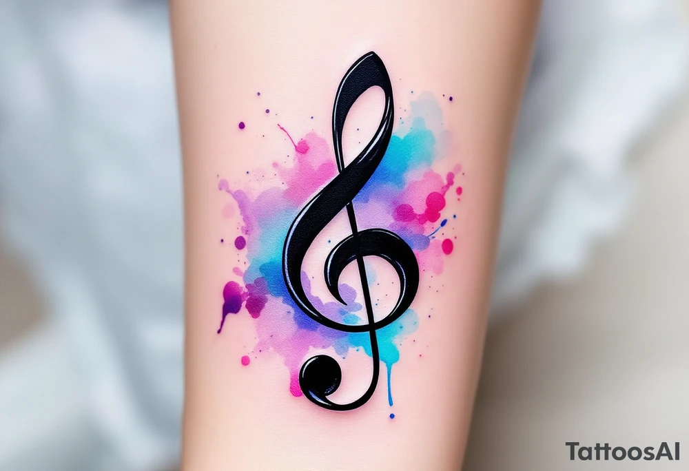 ChatGPT řekl:
A sleek black treble clef with smooth curves, wrapped in a flowing ribbon of deep violet and electric blue, with soft watercolor splashes in pink and turquoise behind it for a dreamy, artistic effect. tattoo idea