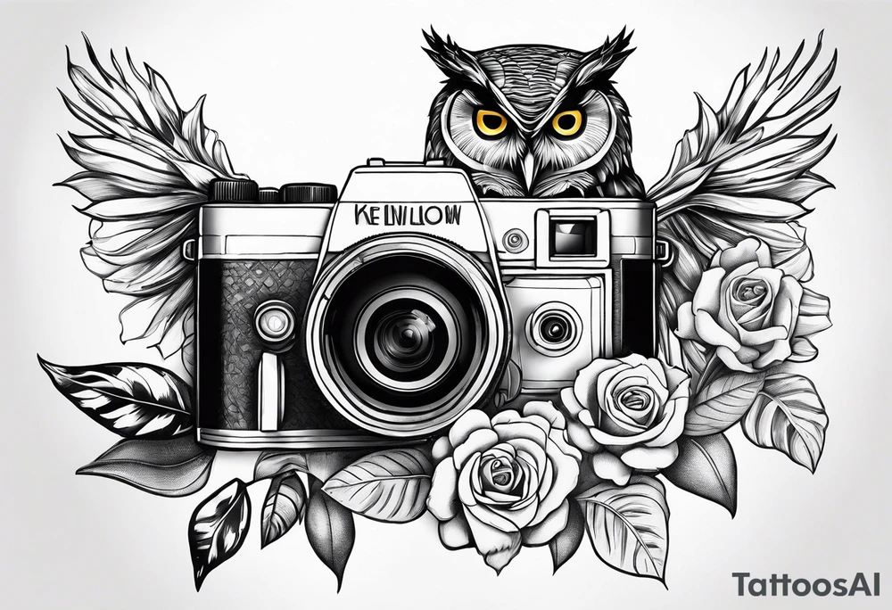 Sunflower, camera, book, owl, flower rose tattoo idea