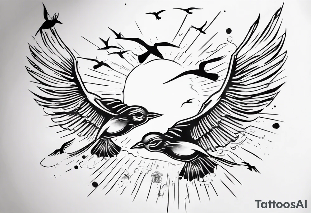 a shoulder tattoo with rays of light, clouds and birds flying free tattoo idea