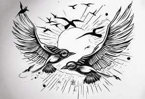 a shoulder tattoo with rays of light, clouds and birds flying free tattoo idea
