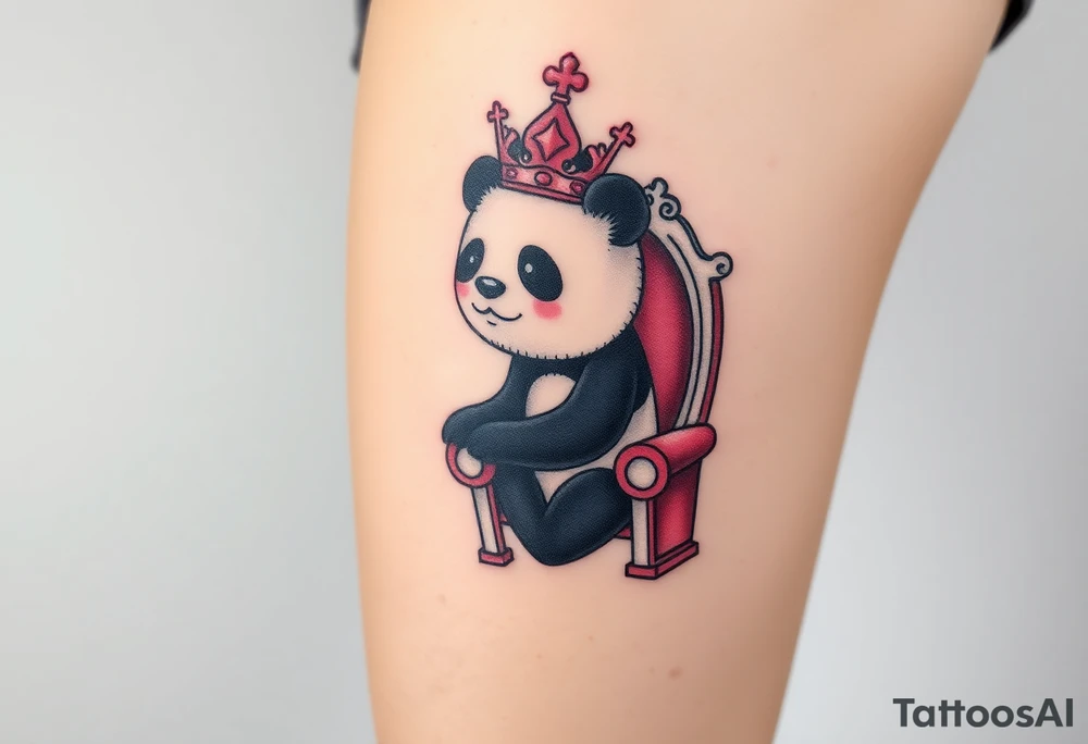 powerful superior panda with a crown, sexy princess on a throne looking down at her worshippers tattoo idea